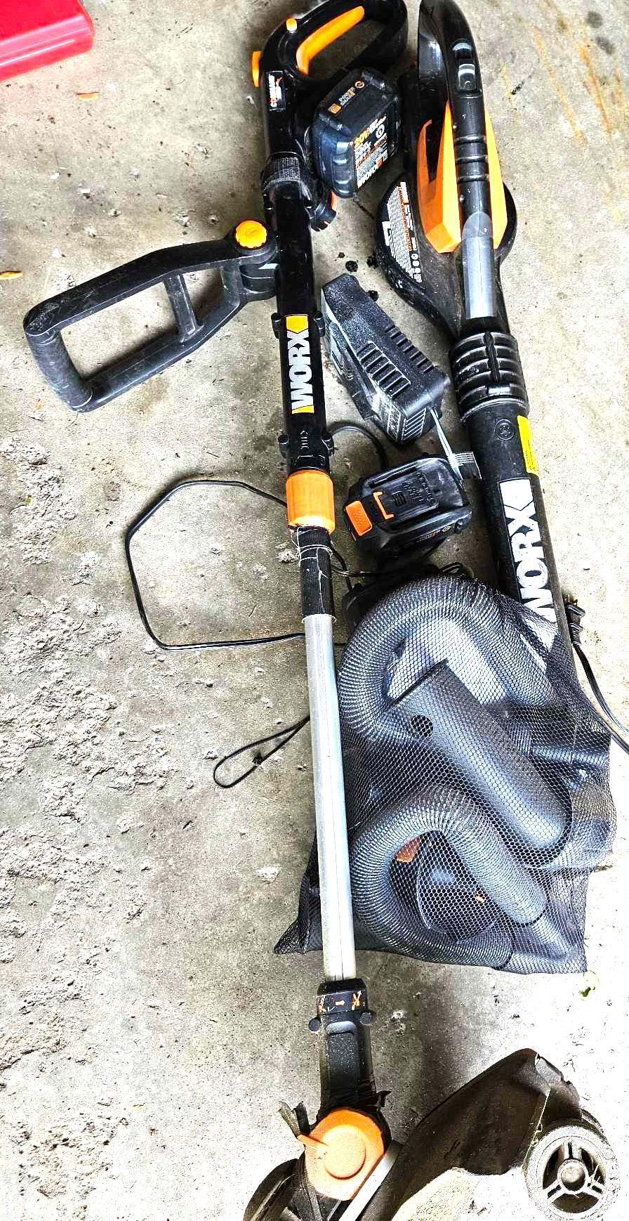 worx blower and weed whip with batteries and chargers