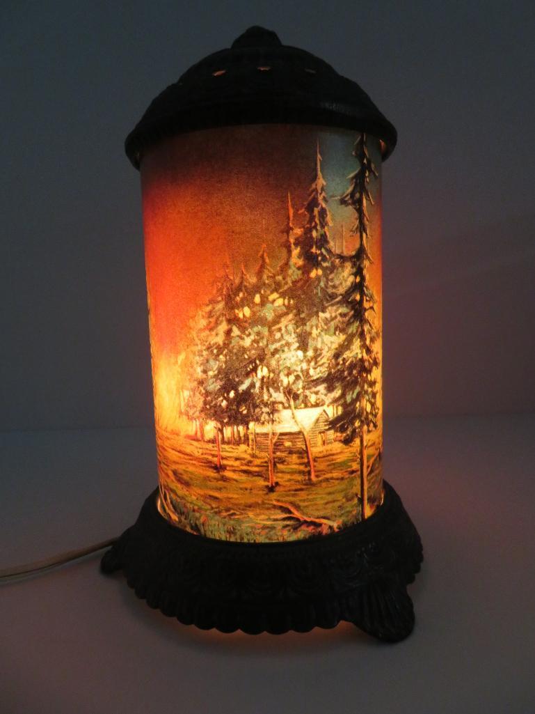 Vintage Scene in Action motion light, Chicago, forest fire, cast top and base, lights, 9"