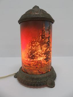 Vintage Scene in Action motion light, Chicago, forest fire, cast top and base, lights, 9"
