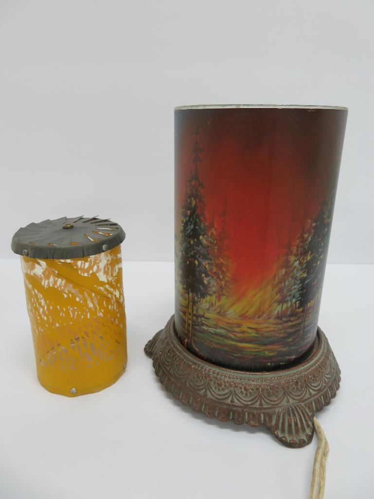 Vintage Scene in Action motion light, Chicago, forest fire, cast top and base, lights, 9"