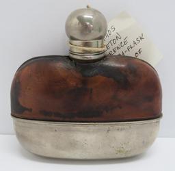 Leather wrapped hip flask, 4 1/2"