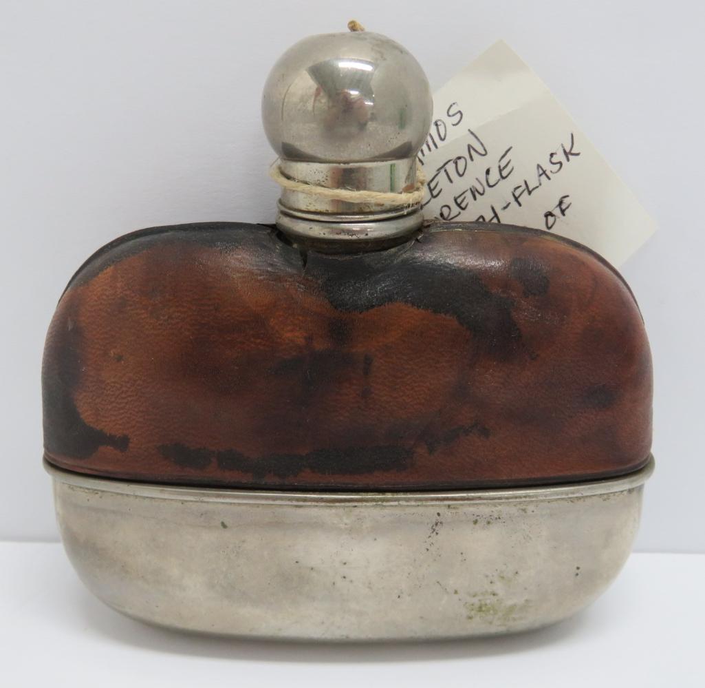 Leather wrapped hip flask, 4 1/2"