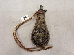 LARGE BRASS POWDER FLASK, MARKED DIXON