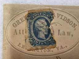 CIVIL WAR ERA 'GREENLEE DAVIDSON ATTORNEY AT LAW' ENVELOPE ADDRESSED TO 'LE