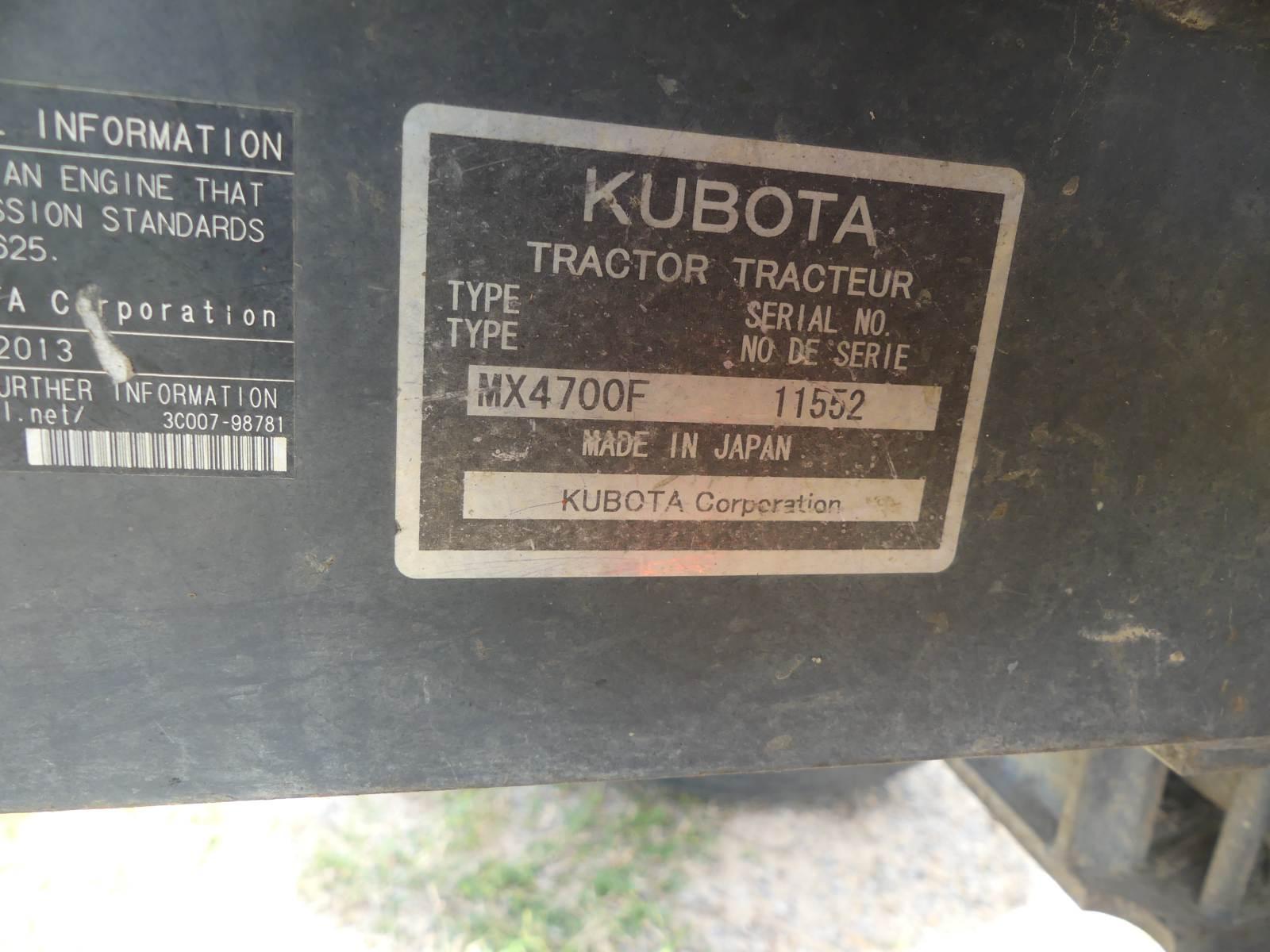 Kubota MX4700 Tractor, s/n 11552: 2wd, Rollbar, 3PH, Drawbar, PTO, Meter Sh