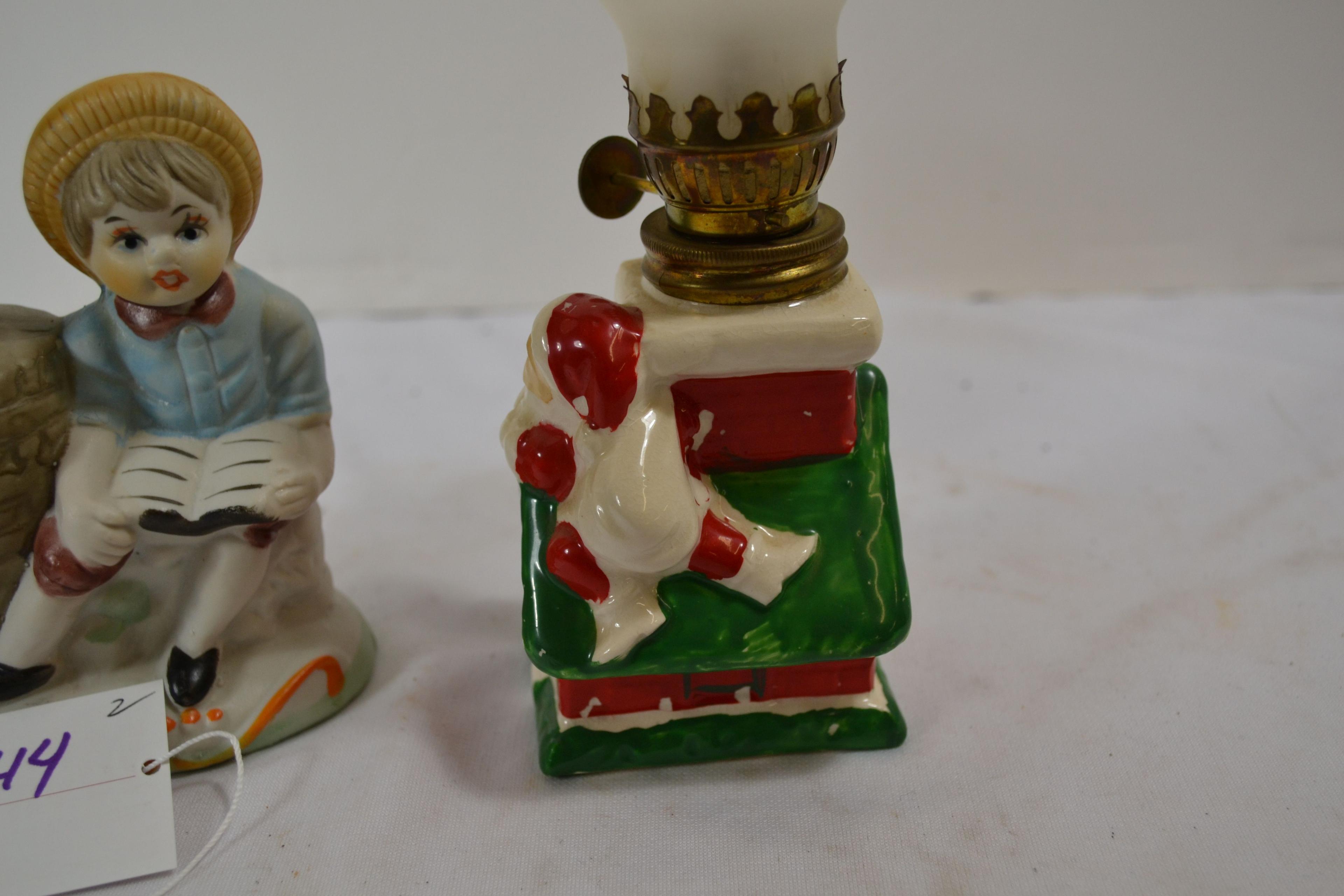 Vintage Bisque Mini Boy Reading Oil Lamp and Mini Santa Oil Lamp; Note lot number in photo should be