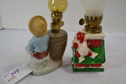 Vintage Bisque Mini Boy Reading Oil Lamp and Mini Santa Oil Lamp; Note lot number in photo should be