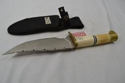 Unmarked 6" Blade, Brass Bone and Antler Handled Knife with Free Hunter Canvas Sheath