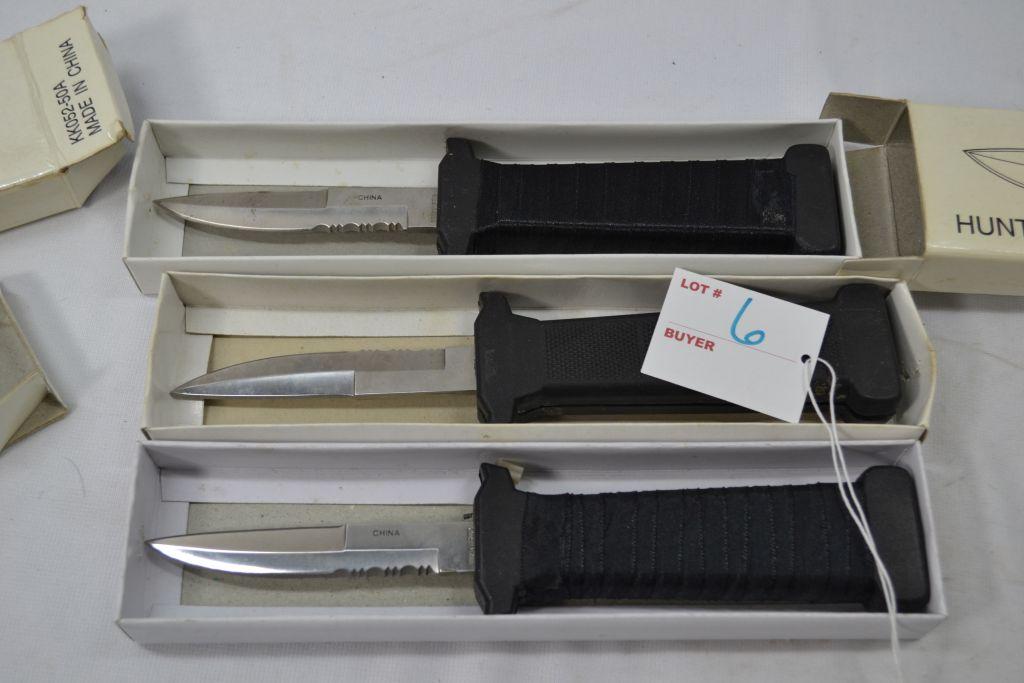 Group of 3 Hunting Knives 4" Blade; Black Cloth Wrapped Handles All In Box