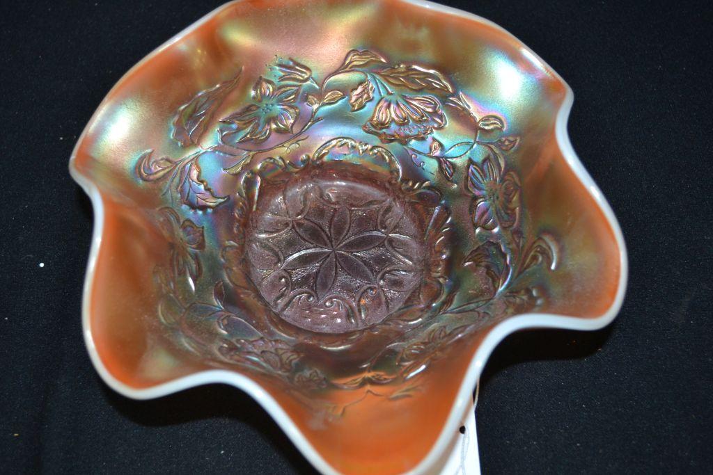 Dugan Carnival Glass Peach/Opal 6-Petal Bowl; 8"
