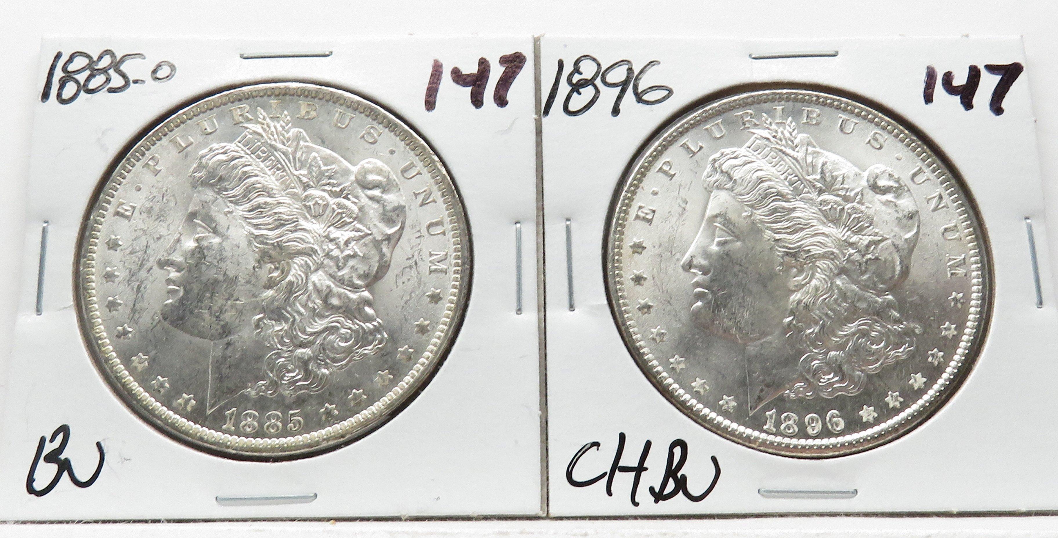 2 Morgans 1885-O BU & 1896 CH BU