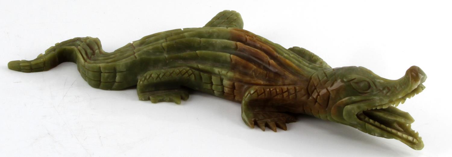 ANTIQUE GREEN HARDSTONE CROCODILE EFFIGY STATUE