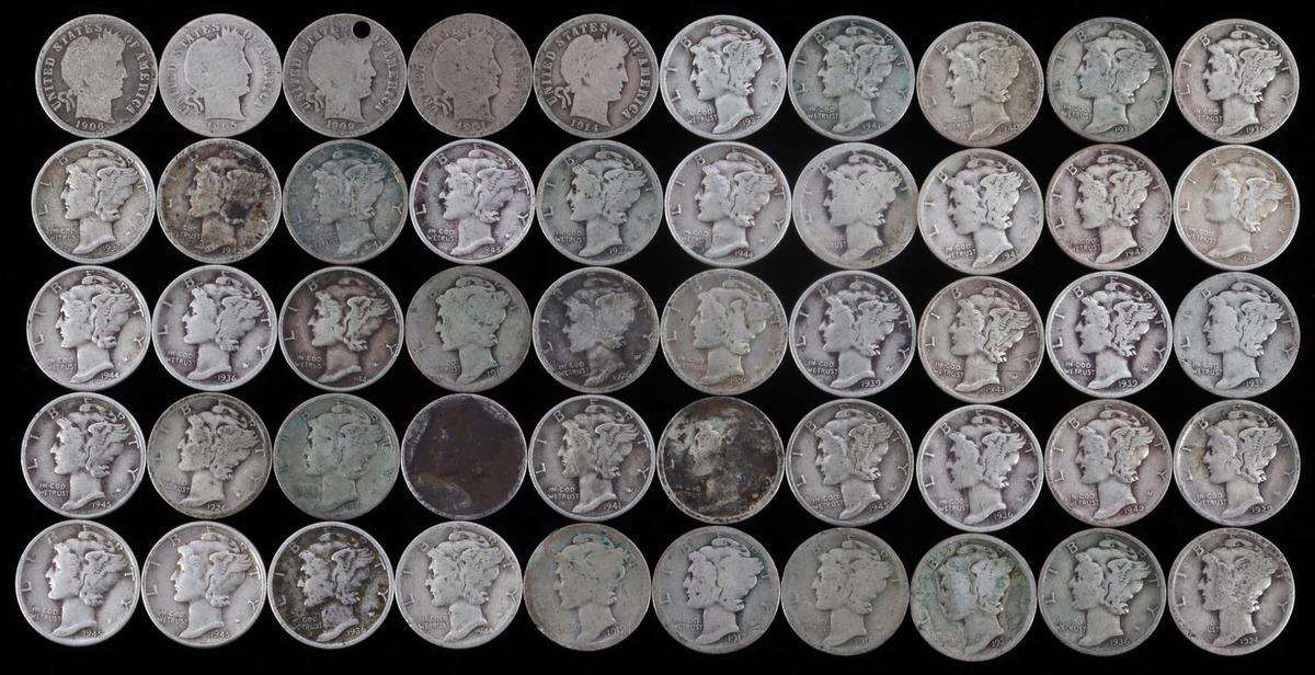 50 MERCURY & BARBER DIME 90% SILVER COIN LOT