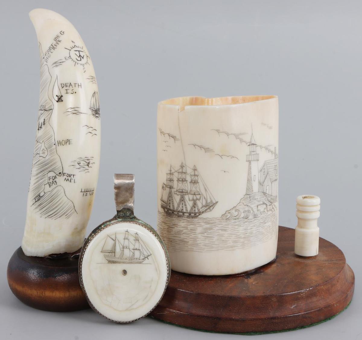 3 WHALE TOOTH SCRIMSHAW DESK ORNAMENTS & PENDANT