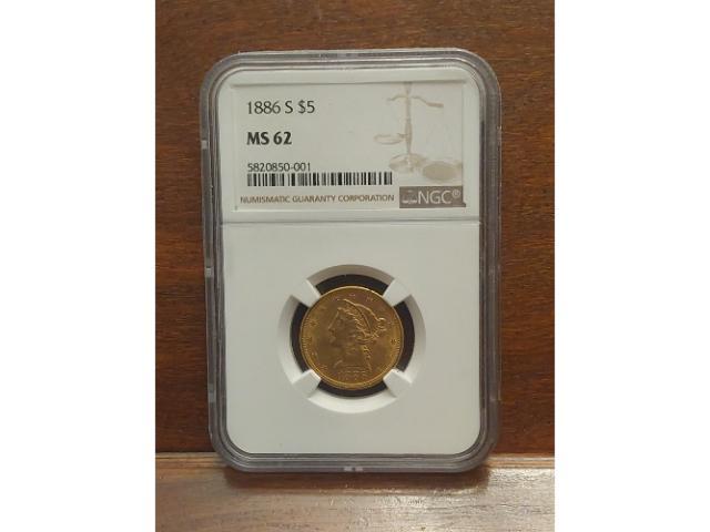 1886S $5. LIBERTY HEAD GOLD NGC MS62