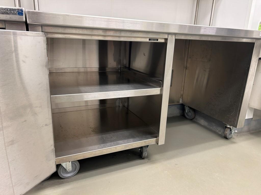 FS Fab Co 5ft Stainless Steel Table On Casters W/ Storage And Overshelf