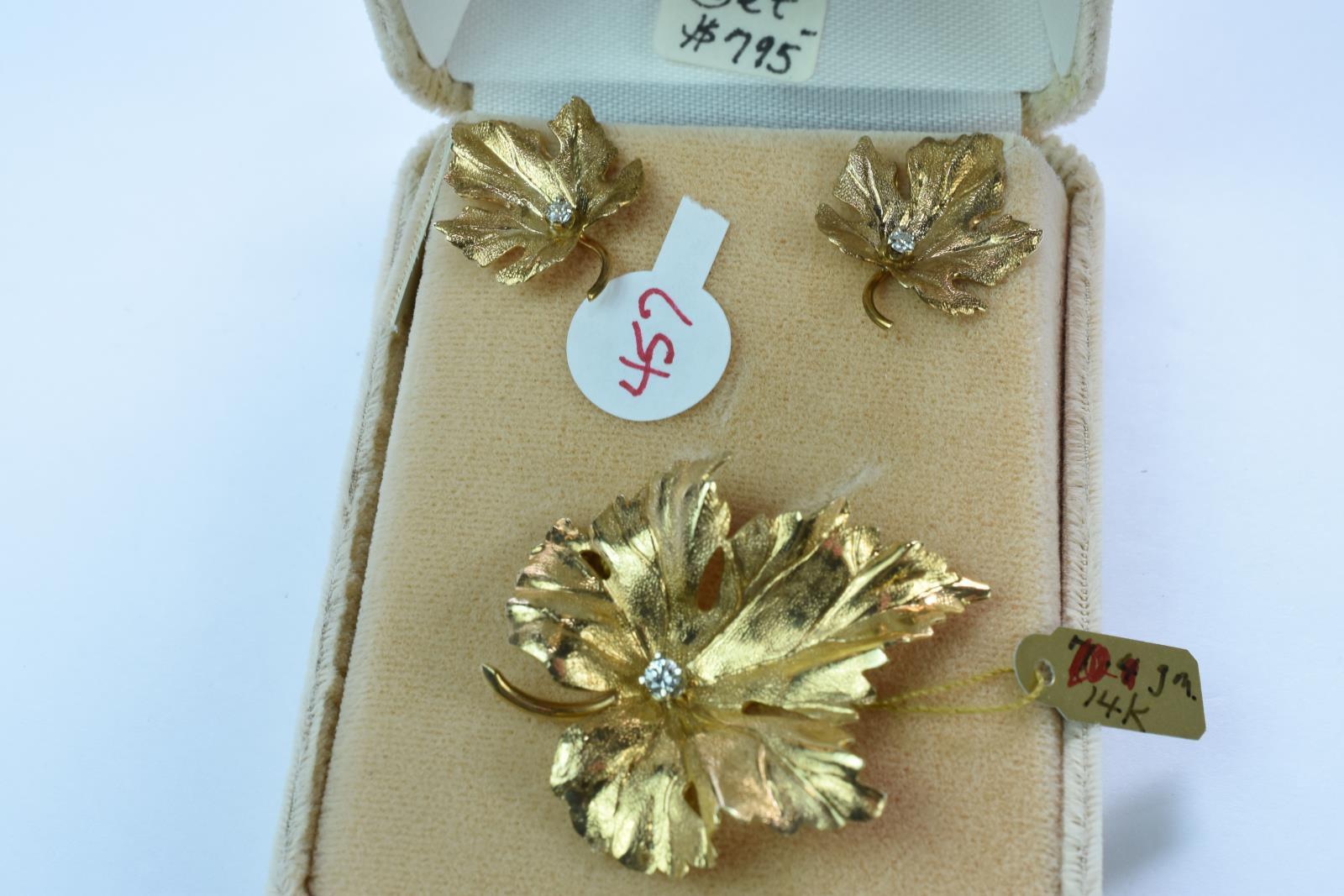 14KT 3 PC BROOCH & EARRINGS 10 GTW, $795.00 RETAIL VALUE,