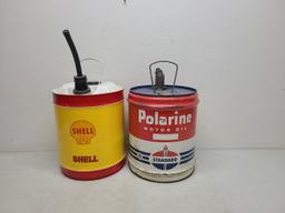 Polarine 5 Gallon Oil Can, Shell 5 Gallon Gas Can.