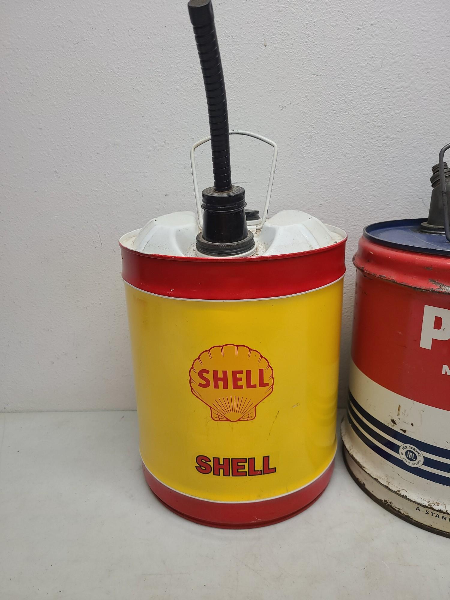 Polarine 5 Gallon Oil Can, Shell 5 Gallon Gas Can.