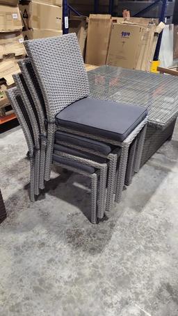 BRAND NEW OUTDOOR SYNTHETIC WICKER SQUARE TABLE WITH 4 STACKING GREY CHAIRS AND CUSHIONS