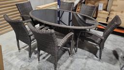 BRAND NEW OUTDOOR Oval Synthetic Wicker 74" x 43" Table With Glasstop and 6 Stacking Armchairs