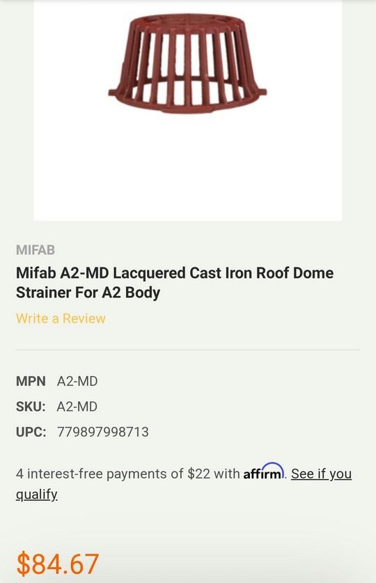 Cast Iron ROOF DOME STRINER  MIFAB PART# A2-MD