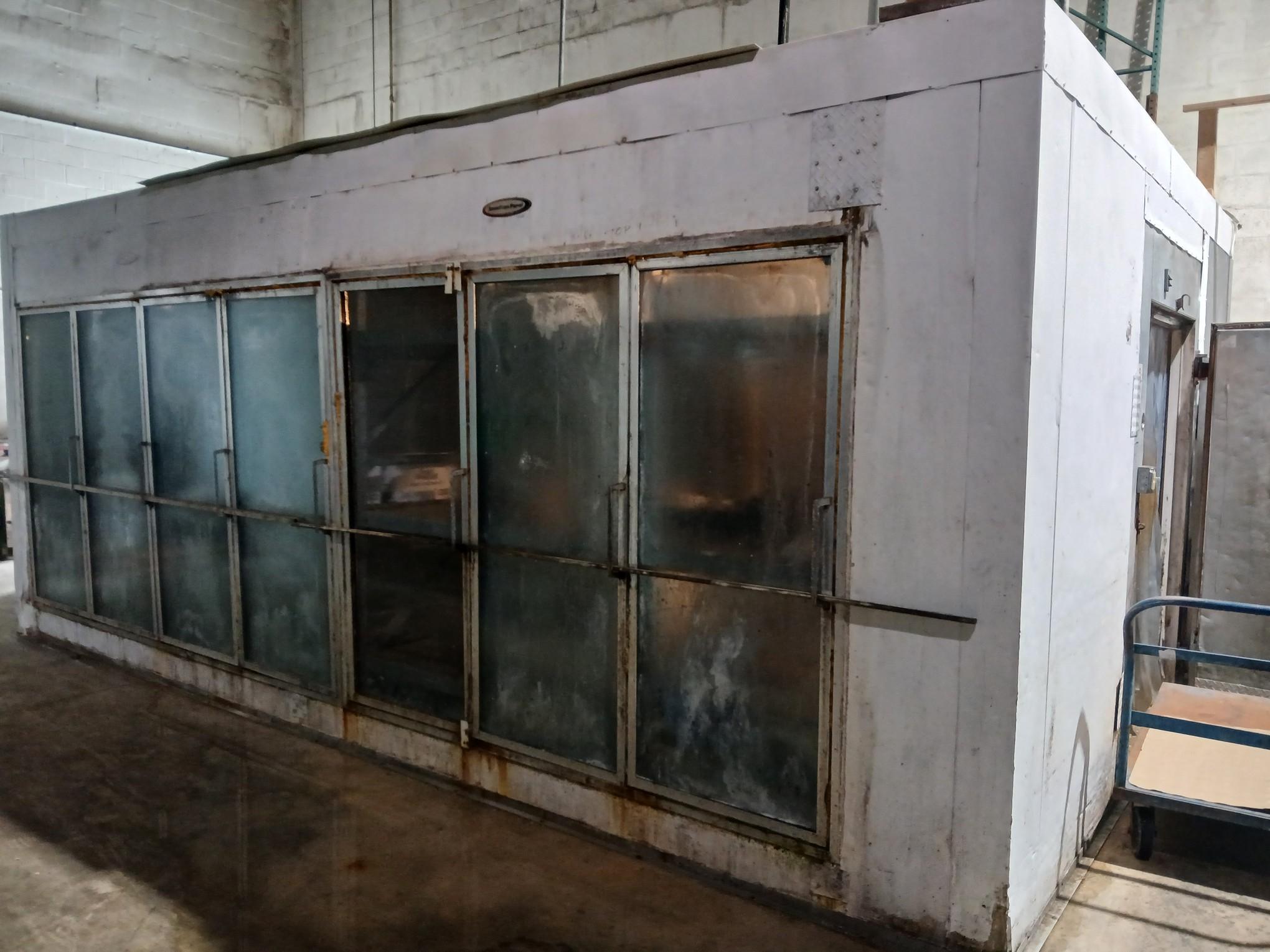 20' by 16' Merchandising Walk In Cooler W/ (7) Glass Doors / Compressor & Evaporators. This unit is