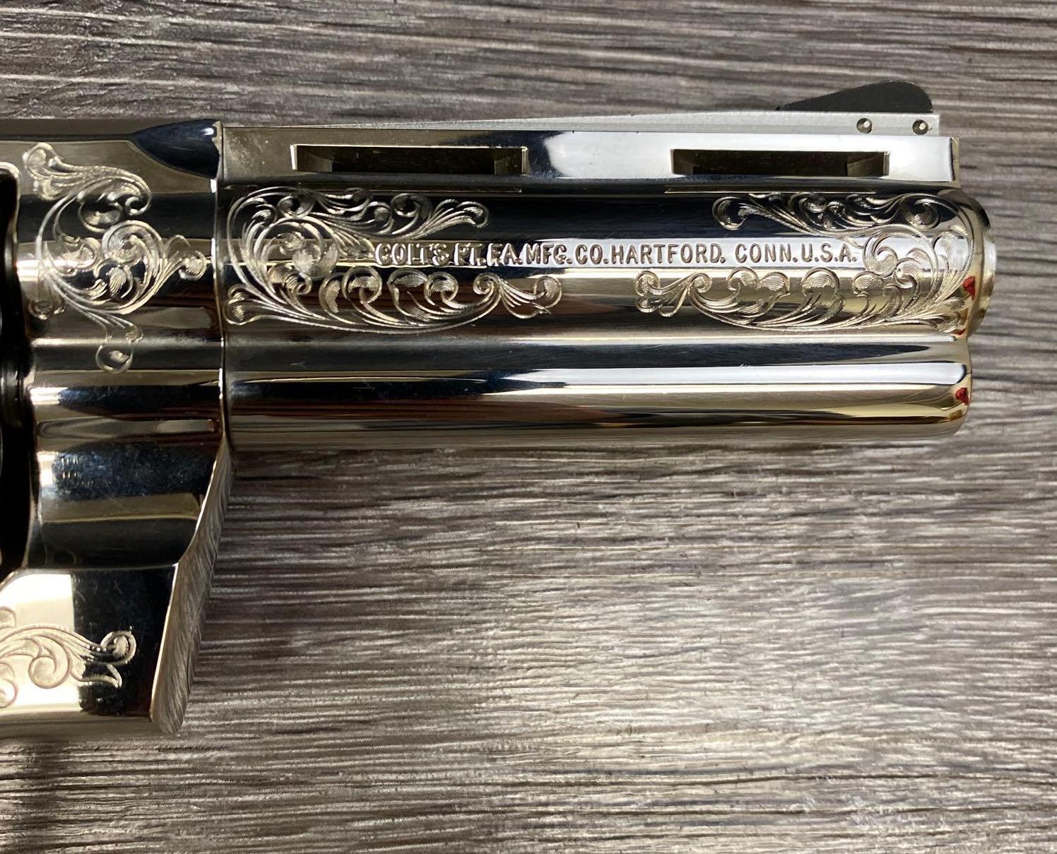 FACTORY "B" ENGRAVED COLT PYTHON .357 MAGNUM NICKEL W/CUSTOM INLAYED GRIPS