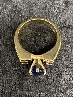 One Beautiful Ring Set with Fine Blue Sapphire and Side Diamonds in 14k Yellow Gold