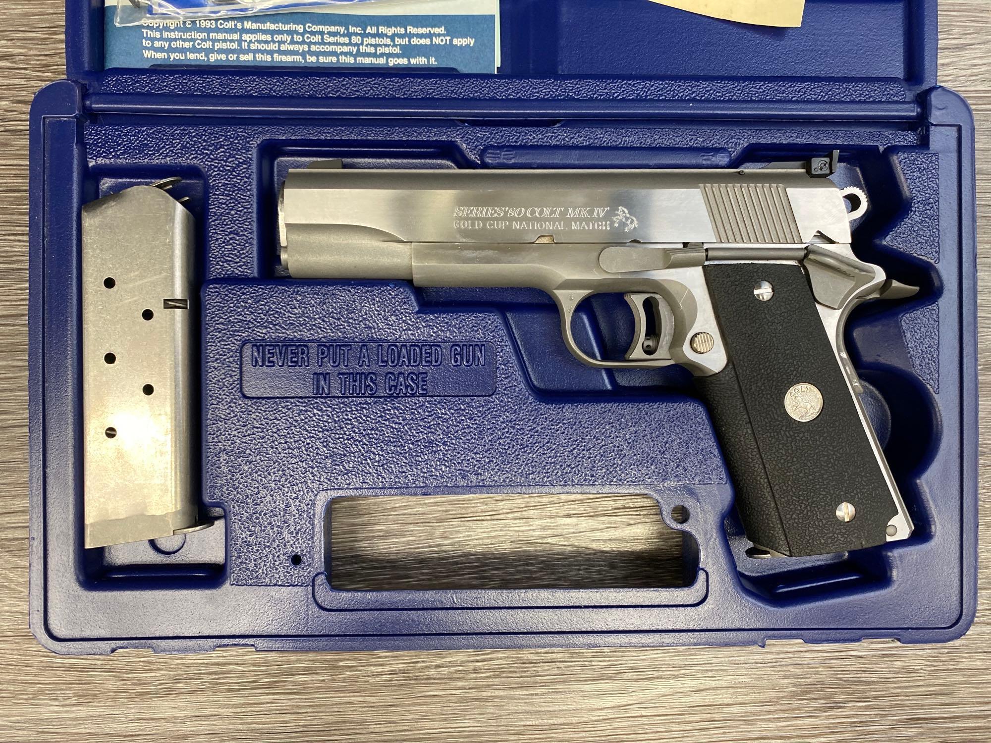 BOXED STAINLESS STEEL COLT GOLD CUP NATIONAL MATCH .45 SEMI-AUTO PISTOL