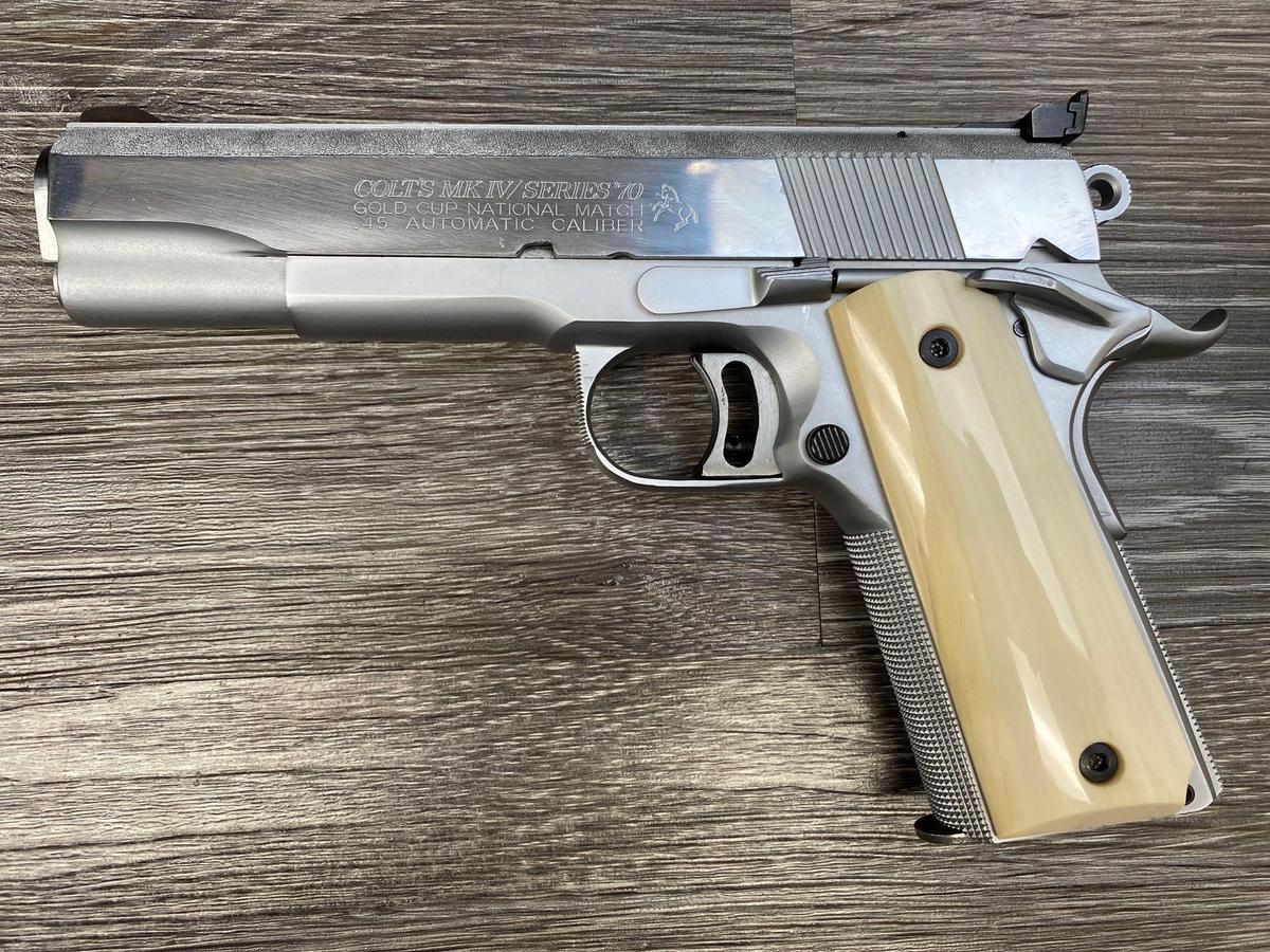 CASED COLT 1911 STAINLESS GOLD CUP NATIONAL MATCH .45 SEMI-AUTO PISTOL