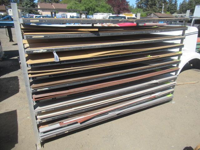 8' 5'' X 4' X 5' ALUMINUM RACK W/ ASSORTED LAMINATE SHEETS