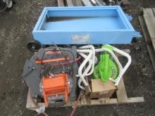 15GAL DRAIN PAN, CRAFTSMAN AIR HOSE REEL, GREENWORKS ELECTRIC BLOWER, FUEL HOSE W/ NOZZLE, & SHOP