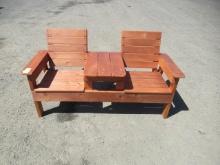 65'' W 2-SEAT CEDAR BENCH W/ MIDDLE TABLE (UNUSED)