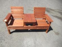 65'' W 2-SEAT CEDAR BENCH W/ MIDDLE TABLE (UNUSED)