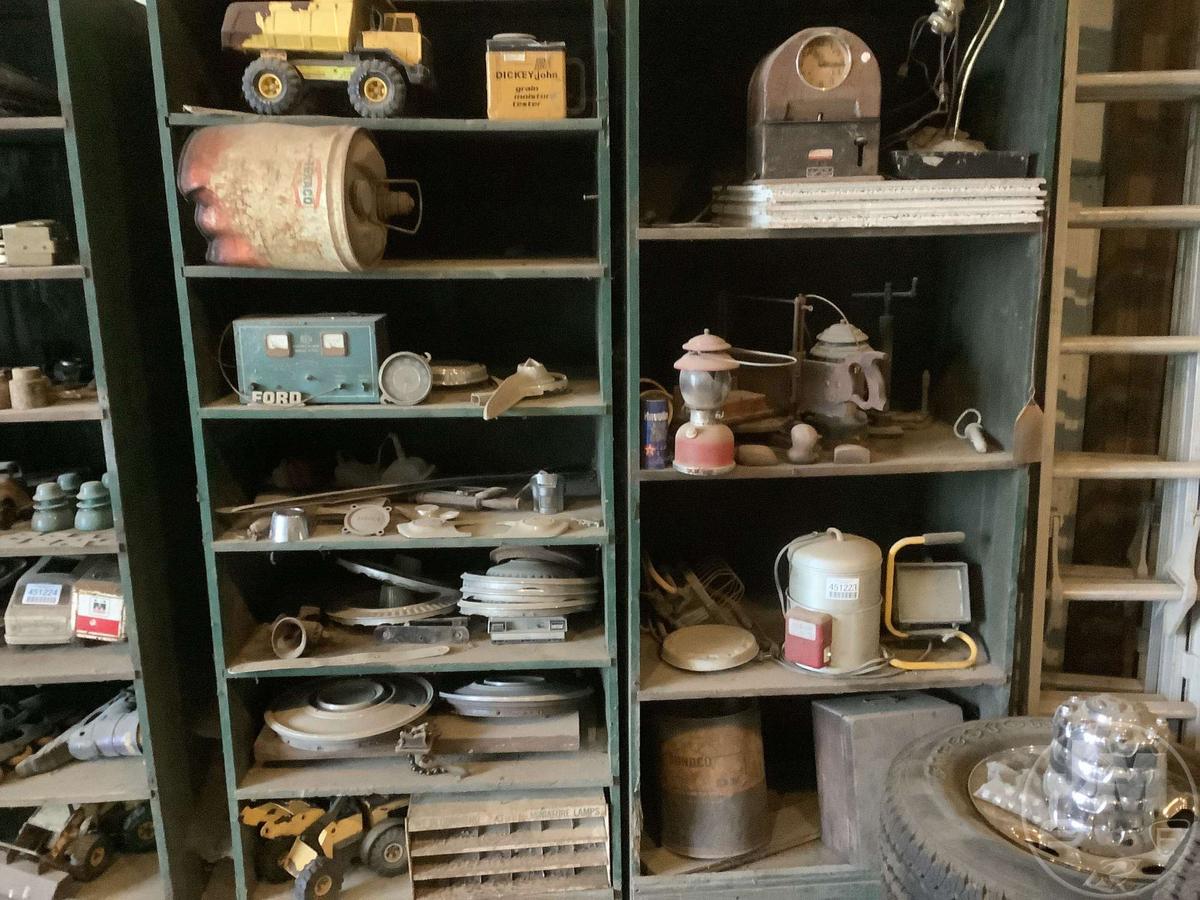 2 SHELFS AND CONTENTS, OIL CAN, LANTERNS, CLOCK, LAMPS, HUB