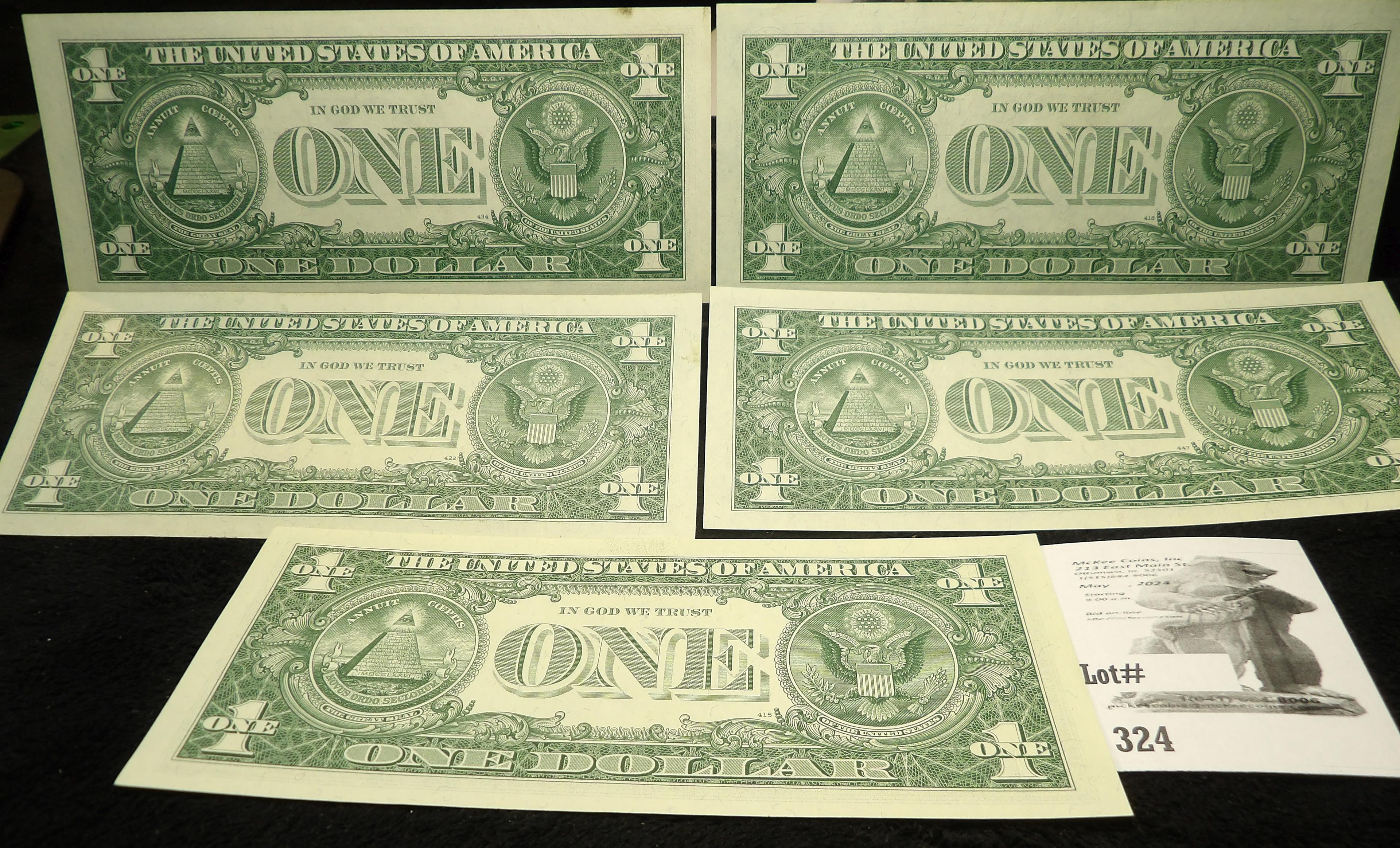 (5) Series 1957B $1 Silver Certificates, high grade.