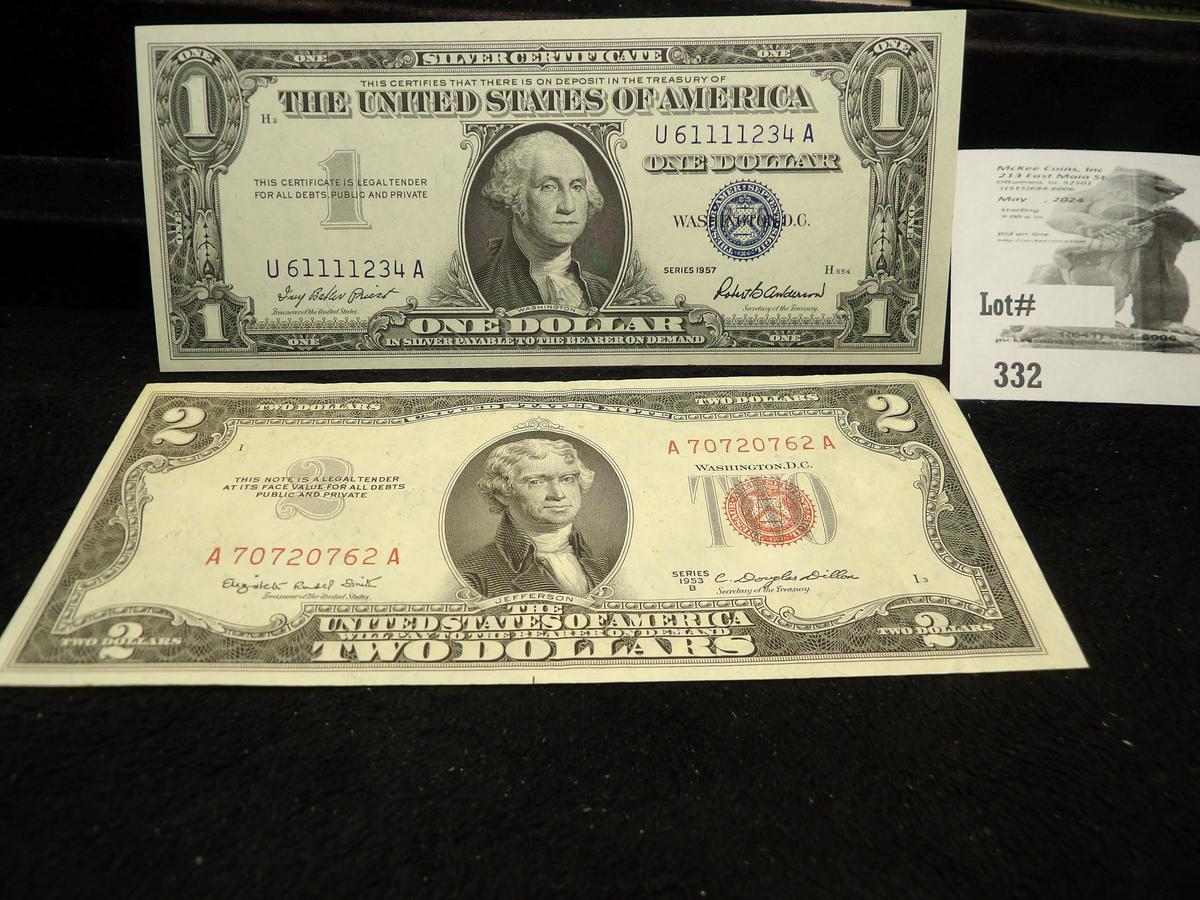 Series 1957 U.S. One Dollar Silver Certificate, CU & Series 1953B $2 U.S. Note, Red Seal.