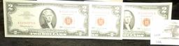 (3) Series 1963 $2 U.S. Notes, Red Seal, CU in sequential serial numbers.