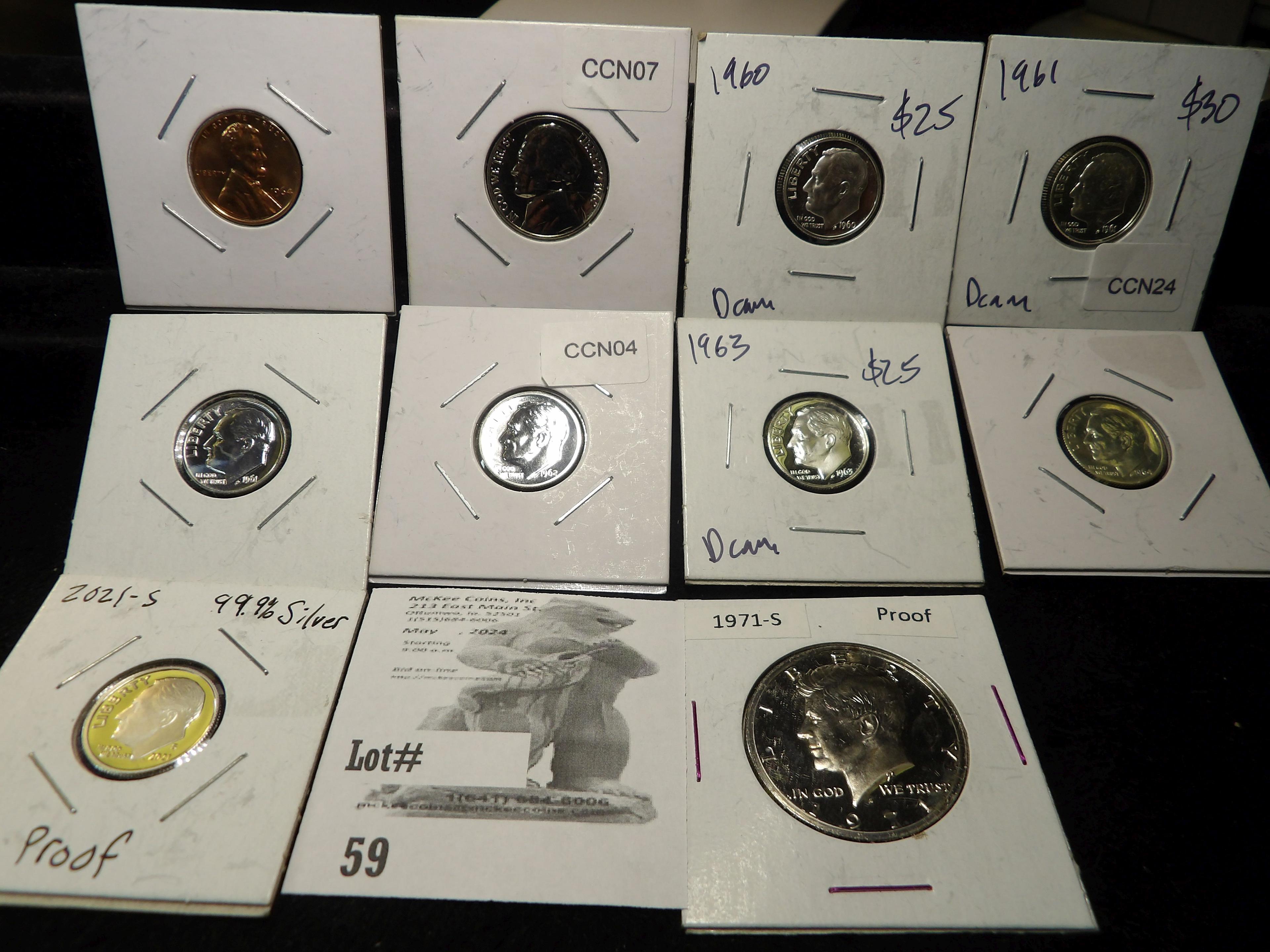 1964 P Proof Lincoln Cent; 1962 P Proof Jefferson Nickel; 1960 P, (2) 61 P, 62 P, 63 P, 64 P, & 2021