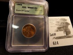 1993 Mint Error Off Center Strike Lincoln Cent Slabbed ICG-MS65 Red.