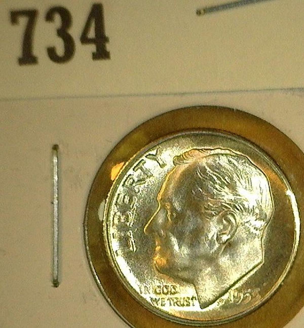 1953 S Silver Roosevelt Dime, BU, frosty, carded.