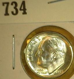 1953 S Silver Roosevelt Dime, BU, frosty, carded.