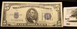 Series 1934D $5 Silver Certificate, Blue Seal. Attractive grade.