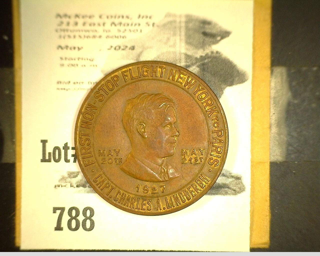 Lucky Lindbergh Copper Token & Old 1 1/2 Cent Harding Stamp.
