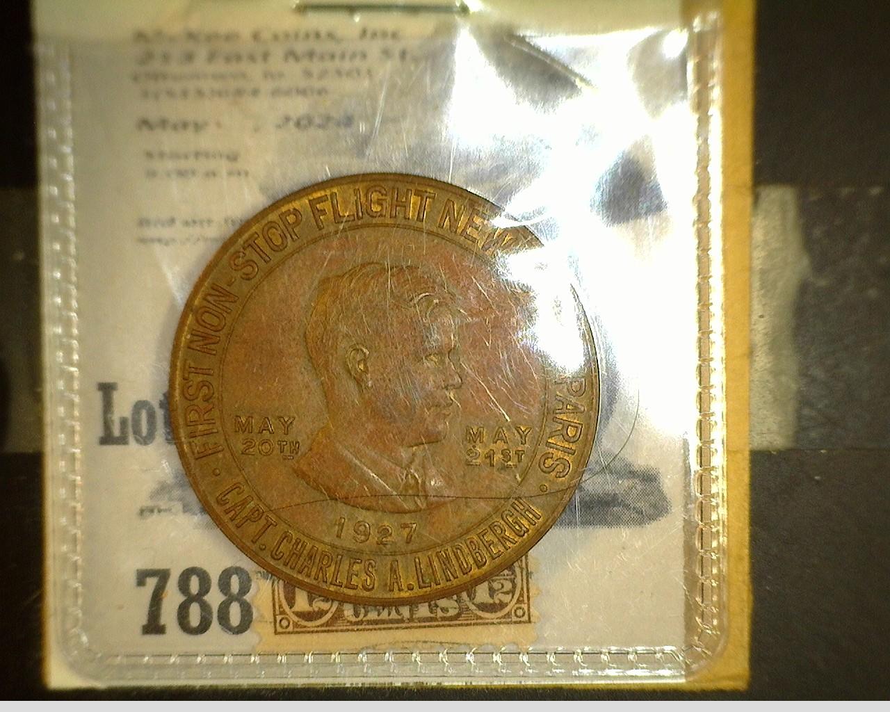 Lucky Lindbergh Copper Token & Old 1 1/2 Cent Harding Stamp.