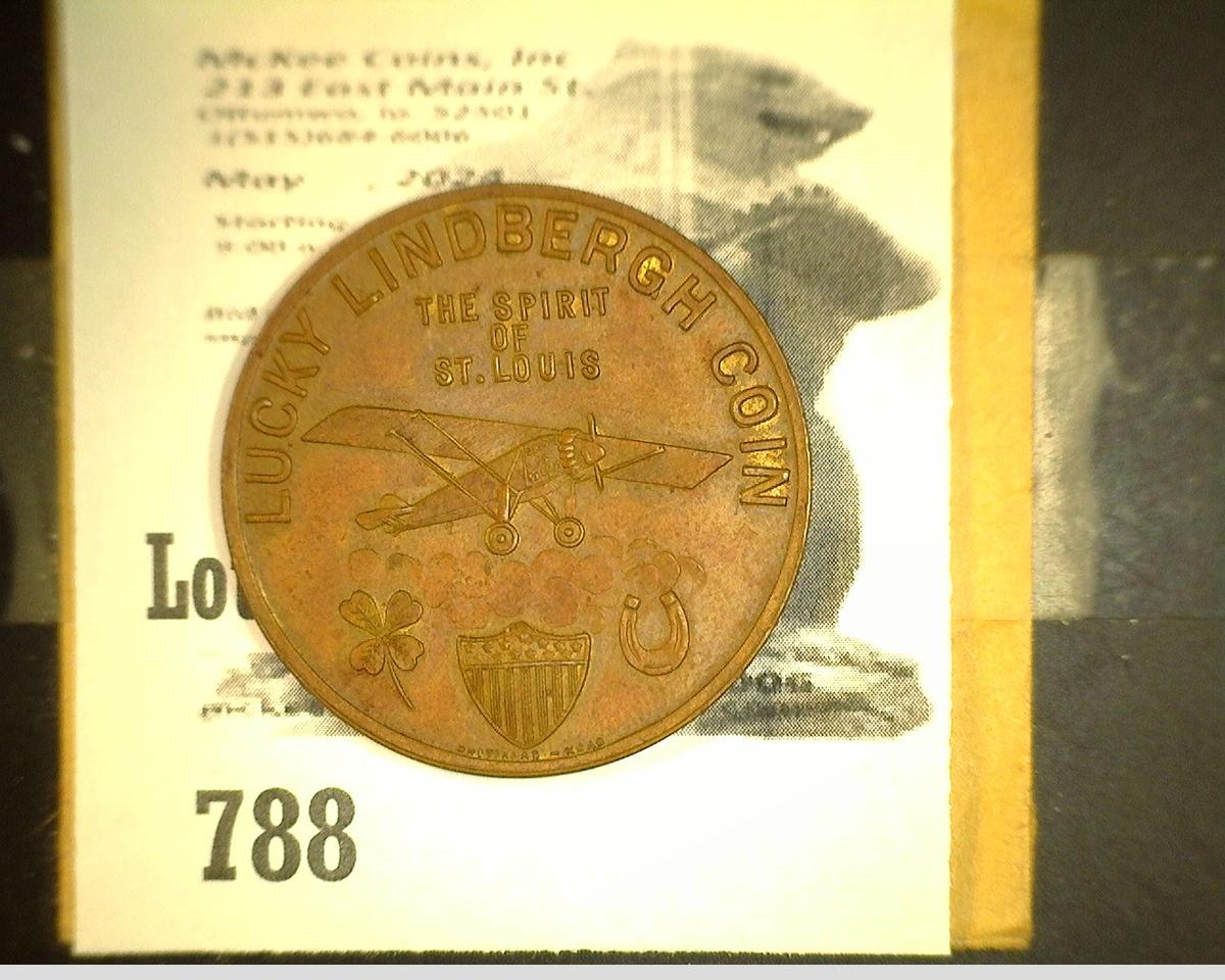 Lucky Lindbergh Copper Token & Old 1 1/2 Cent Harding Stamp.