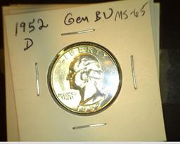 BU Silver Washington Quarter Lot: 1952 P, 52 D Gem, 54 S Gem, 55 P, 58 P Gem, 63 P Gem, 64 P, & a cl