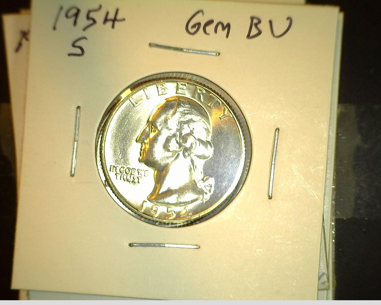 BU Silver Washington Quarter Lot: 1952 P, 52 D Gem, 54 S Gem, 55 P, 58 P Gem, 63 P Gem, 64 P, & a cl