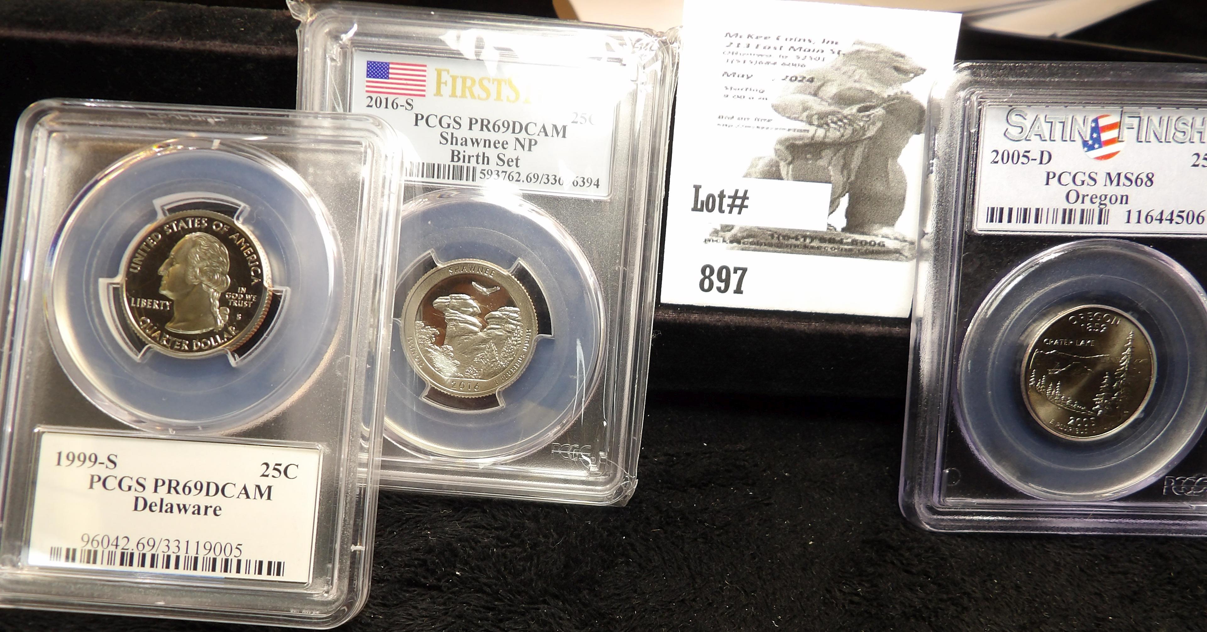 1999 S PCGS PR69 DCAM; 2005 D Oregon PCGS MS68; & 2016 S Shawnee National Parks PCGS PR69 DCAM.